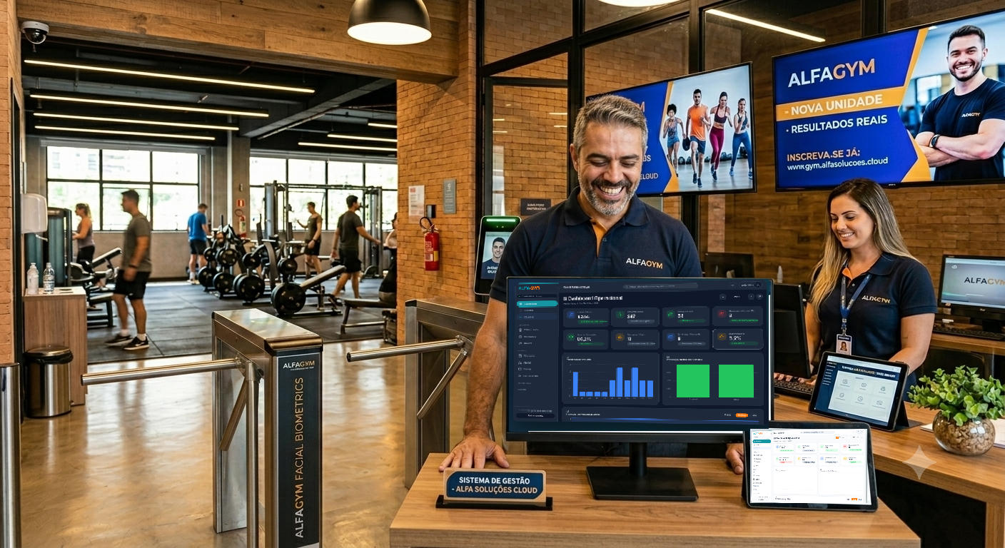 Gestor mostrando o painel do sistema AlfaGym na recepção