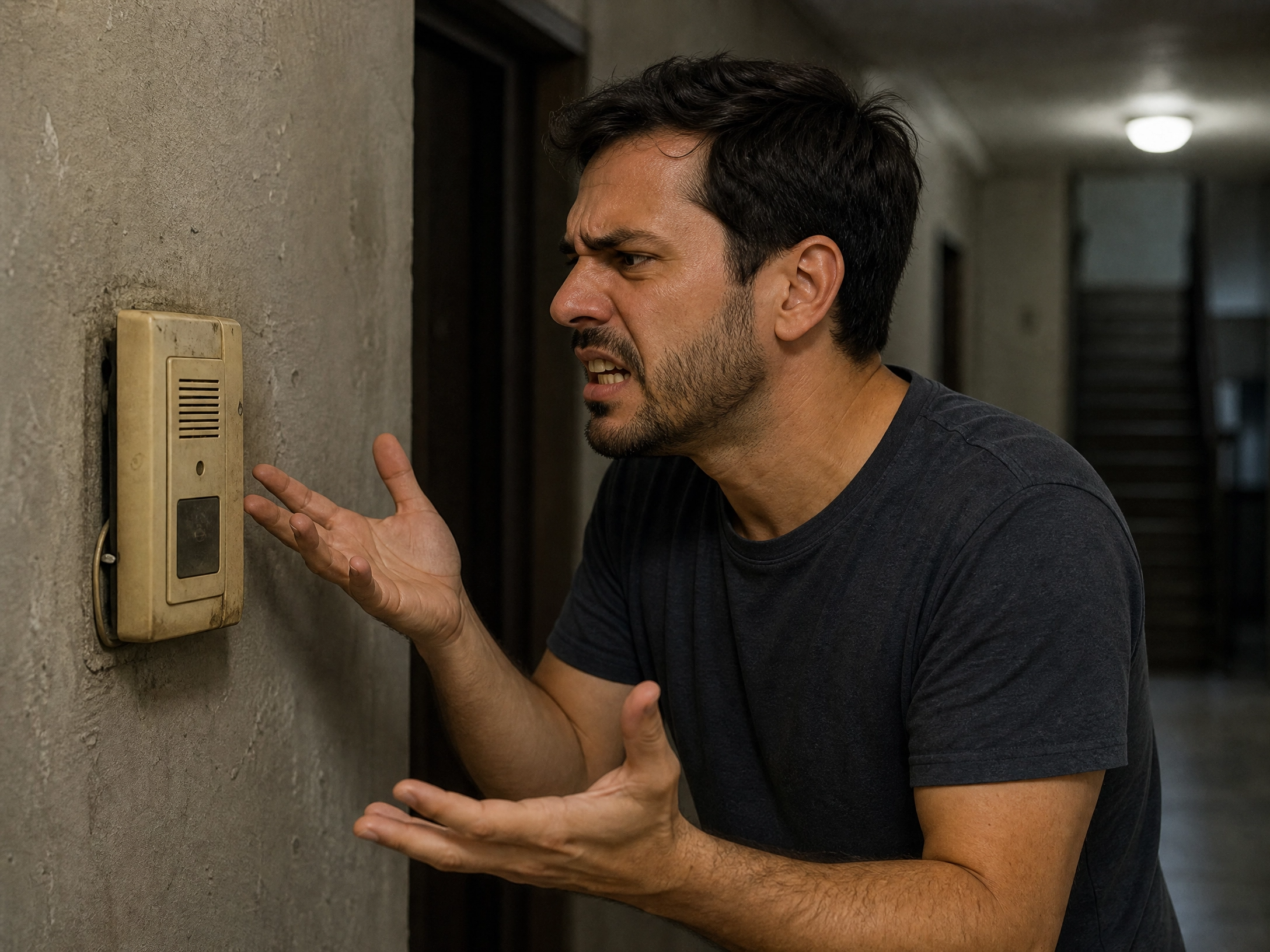 Morador irritado com o interfone antigo que não funciona