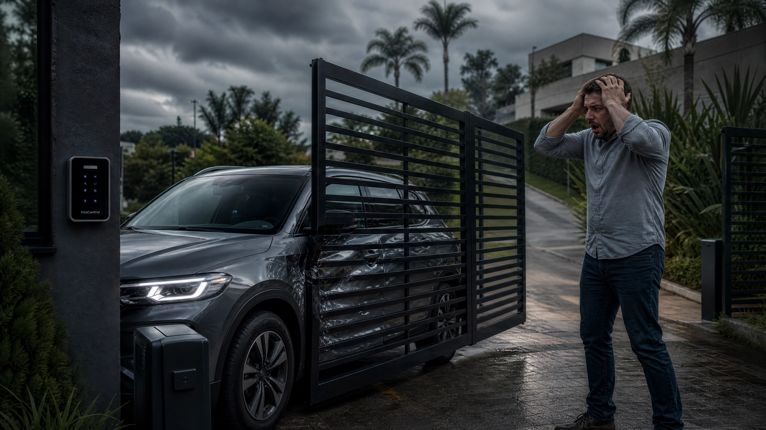 Morador frustrado diante do portão eletrônico travado