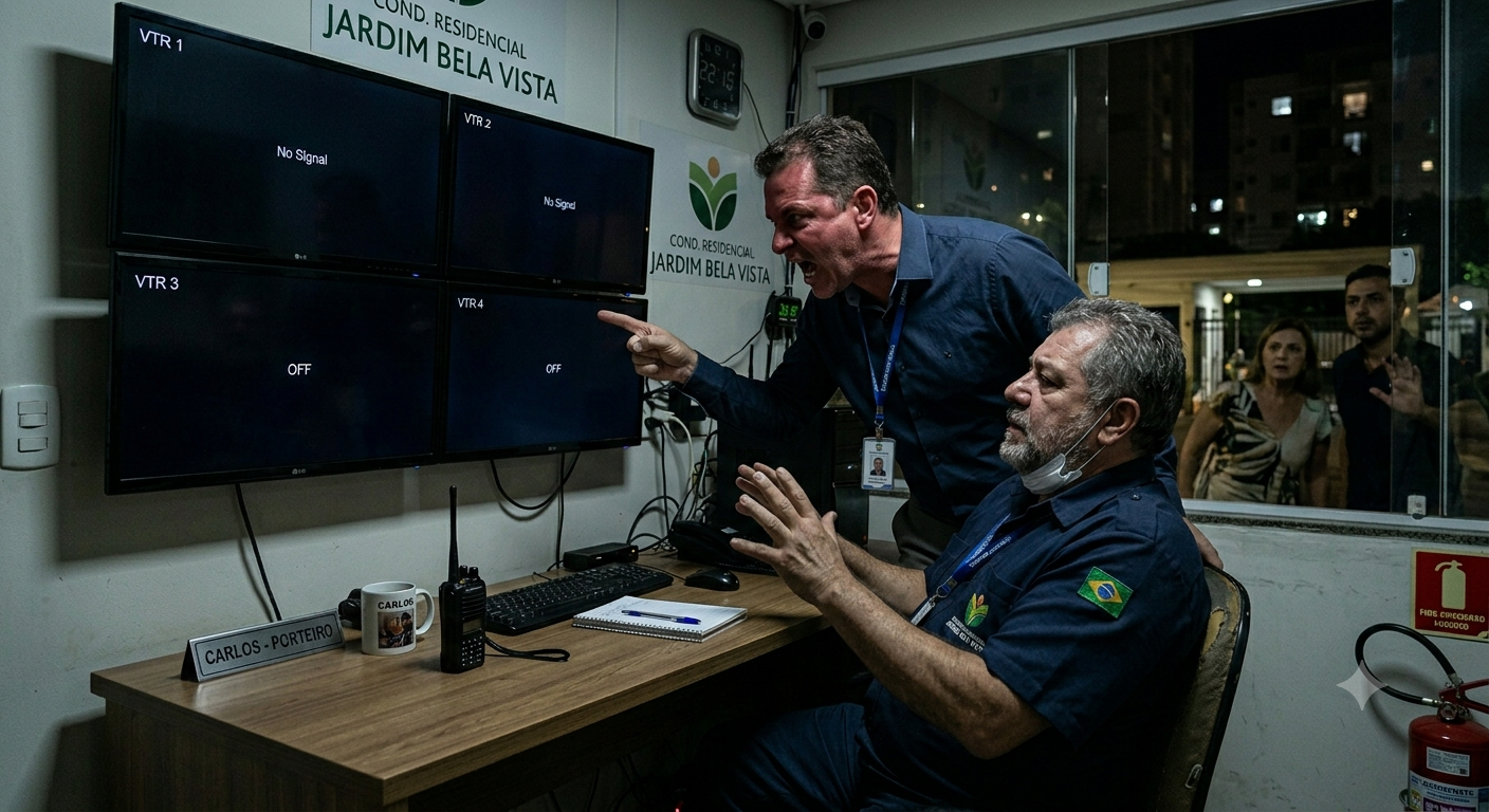 Equipe diante dos monitores de CFTV sem sinal