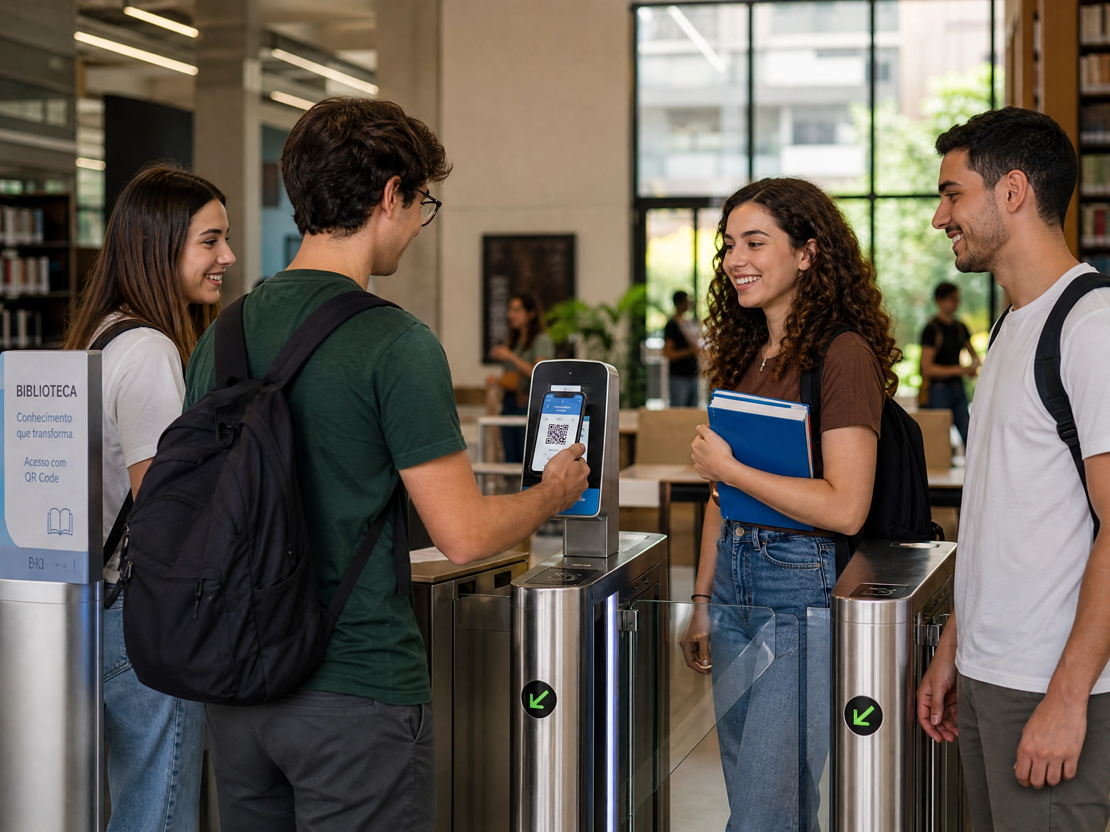 Universitários acessando a biblioteca por QR Code