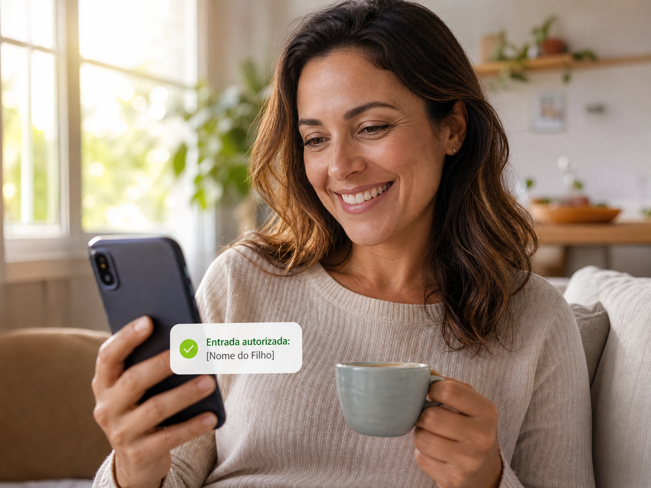 Mãe recebe no celular a notificação de entrada autorizada do filho